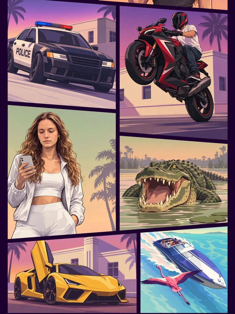 Leading Lady: a GTA 6-style illustrated cover art collage (detail), made with DuskHeist