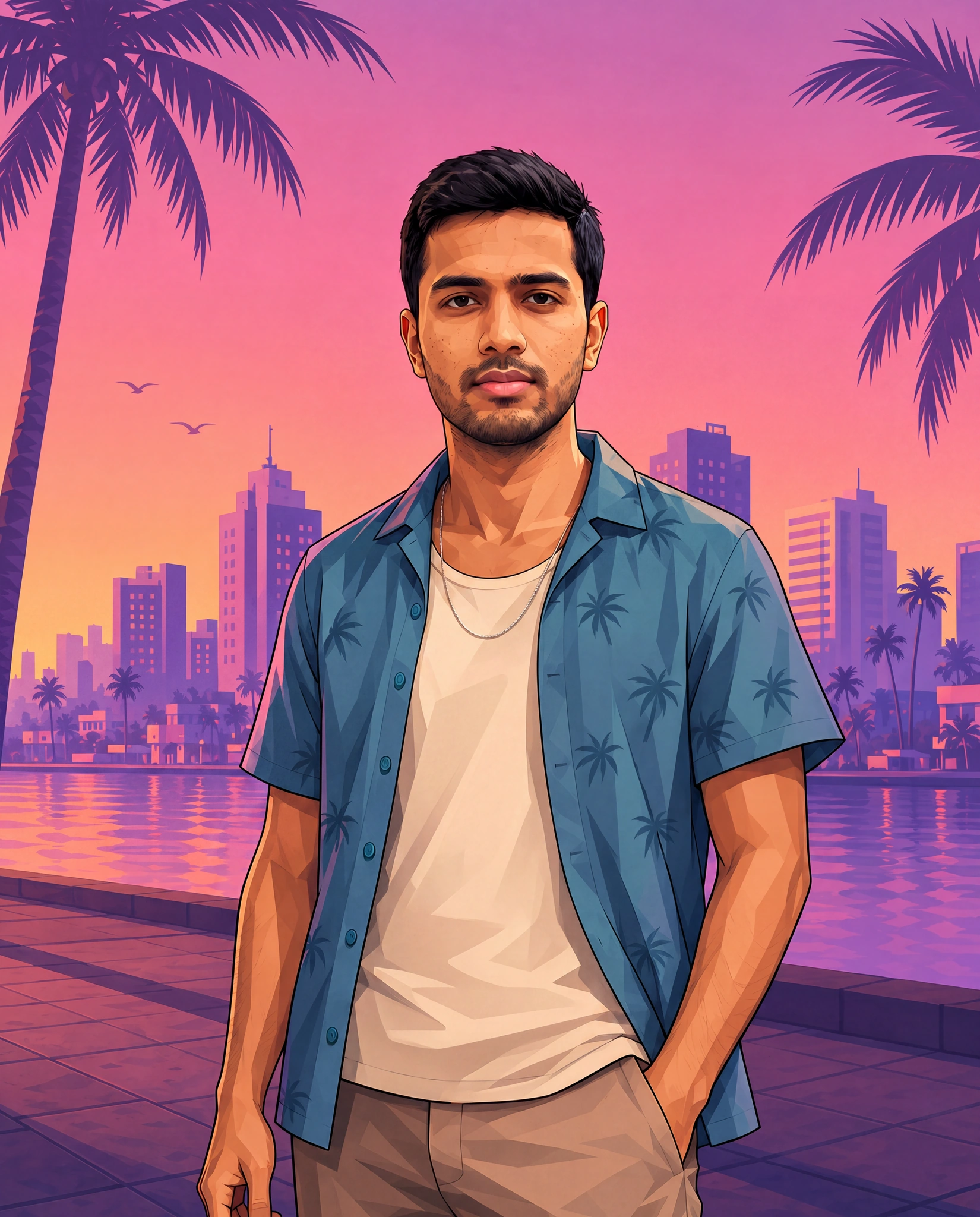 An illustrated crime-game style solo poster: a man in a palm-print shirt on a sunset marina, drawn from a photo