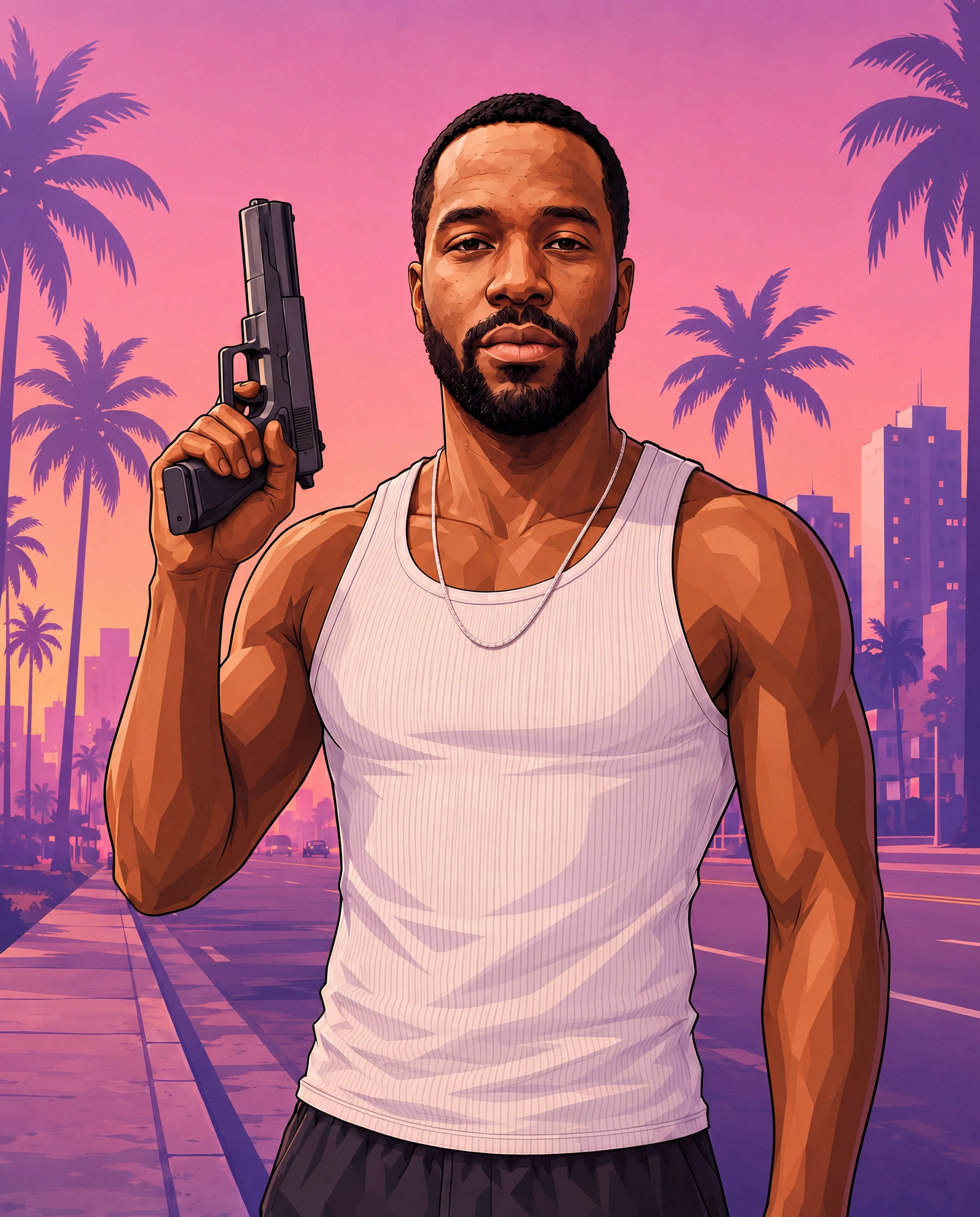 Sunset Heist, an illustrated solo character poster