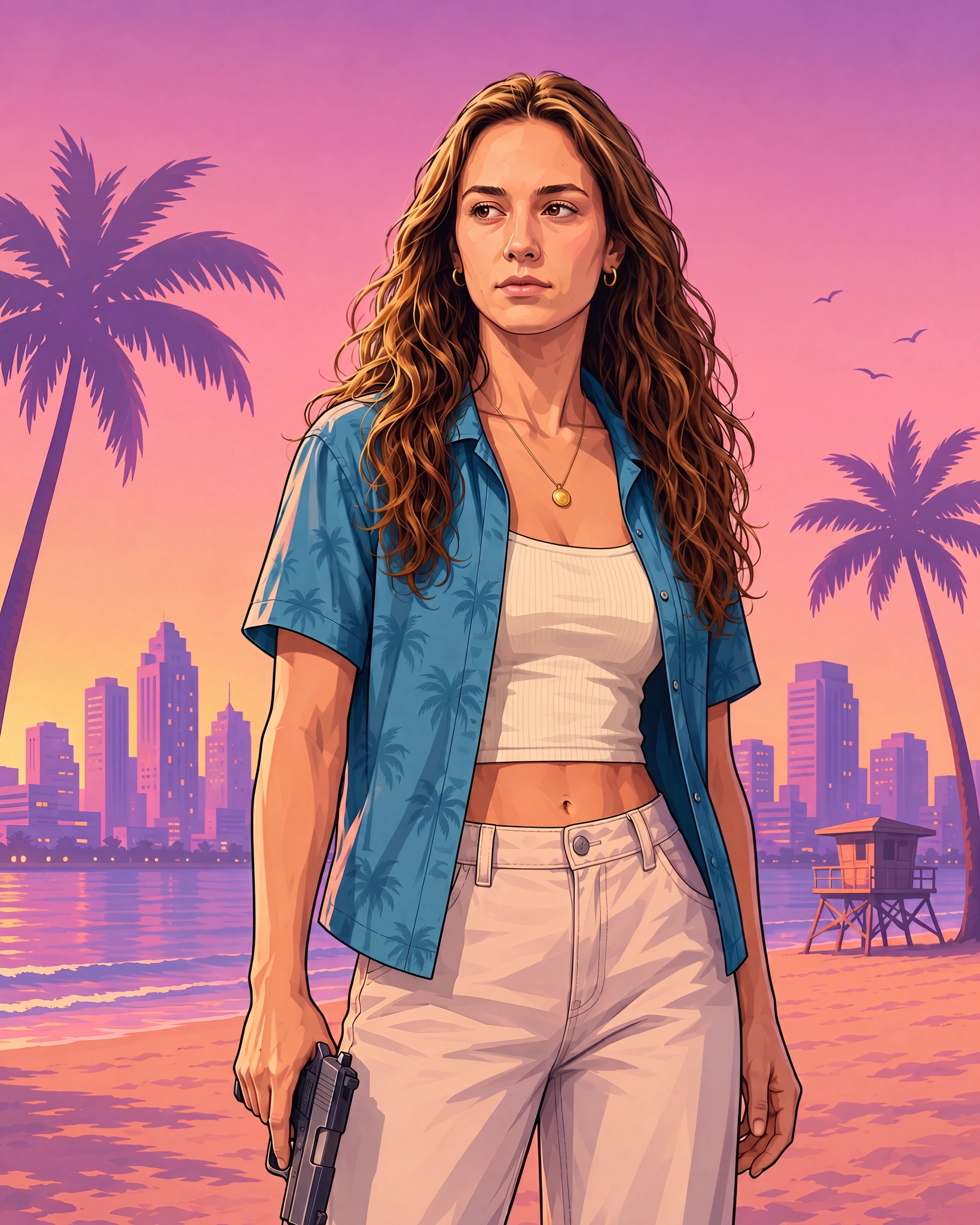 An illustrated crime-game style poster of a woman in a blue shirt on a sunset beach, drawn from a photo