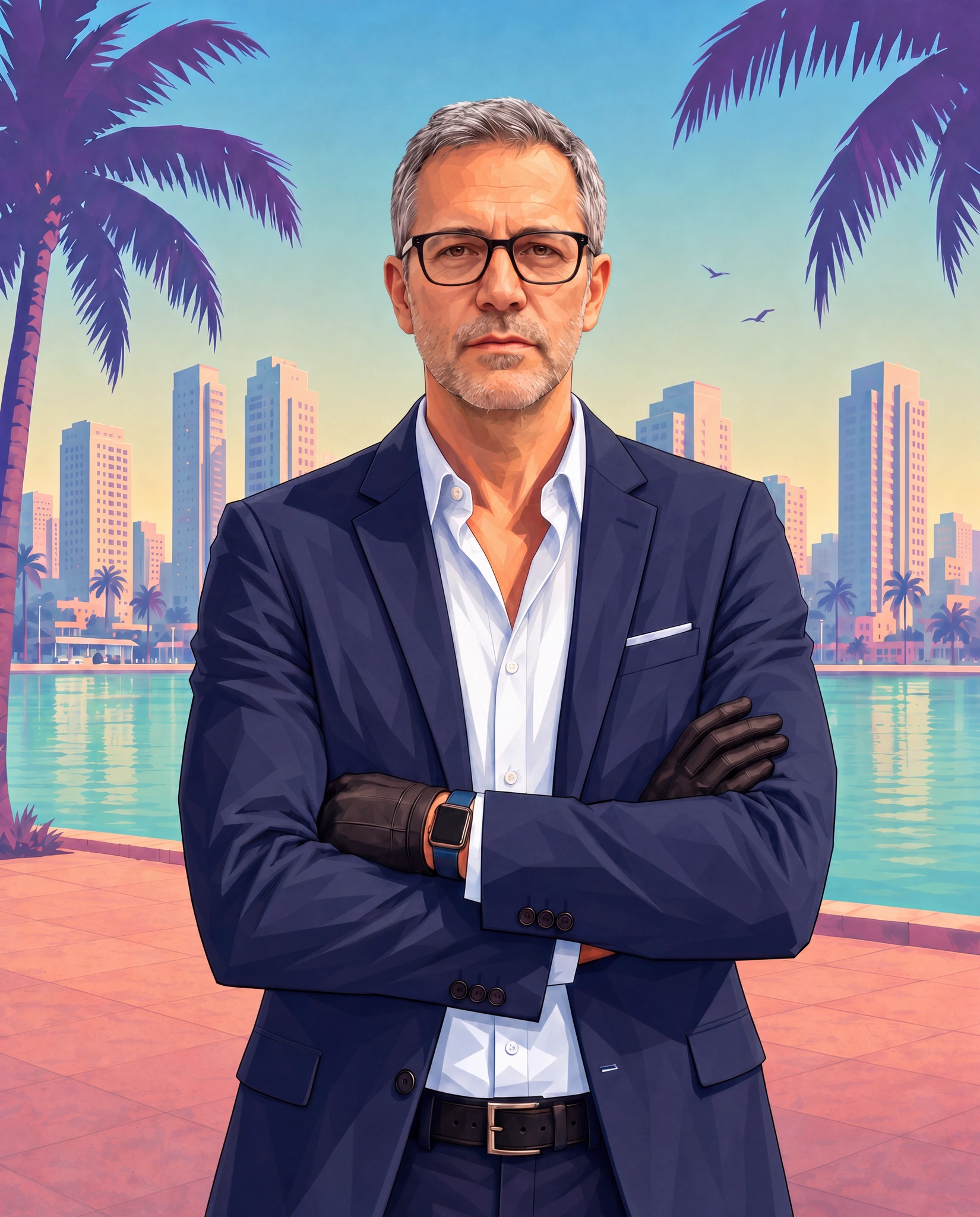 An illustrated crime-game style poster of a man in a navy blazer, arms crossed, by a bright marina