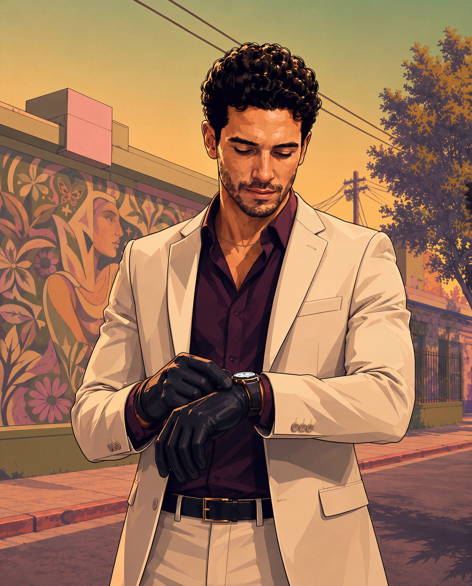 An illustrated crime-game style poster of a man in a cream suit checking his watch in front of a mural